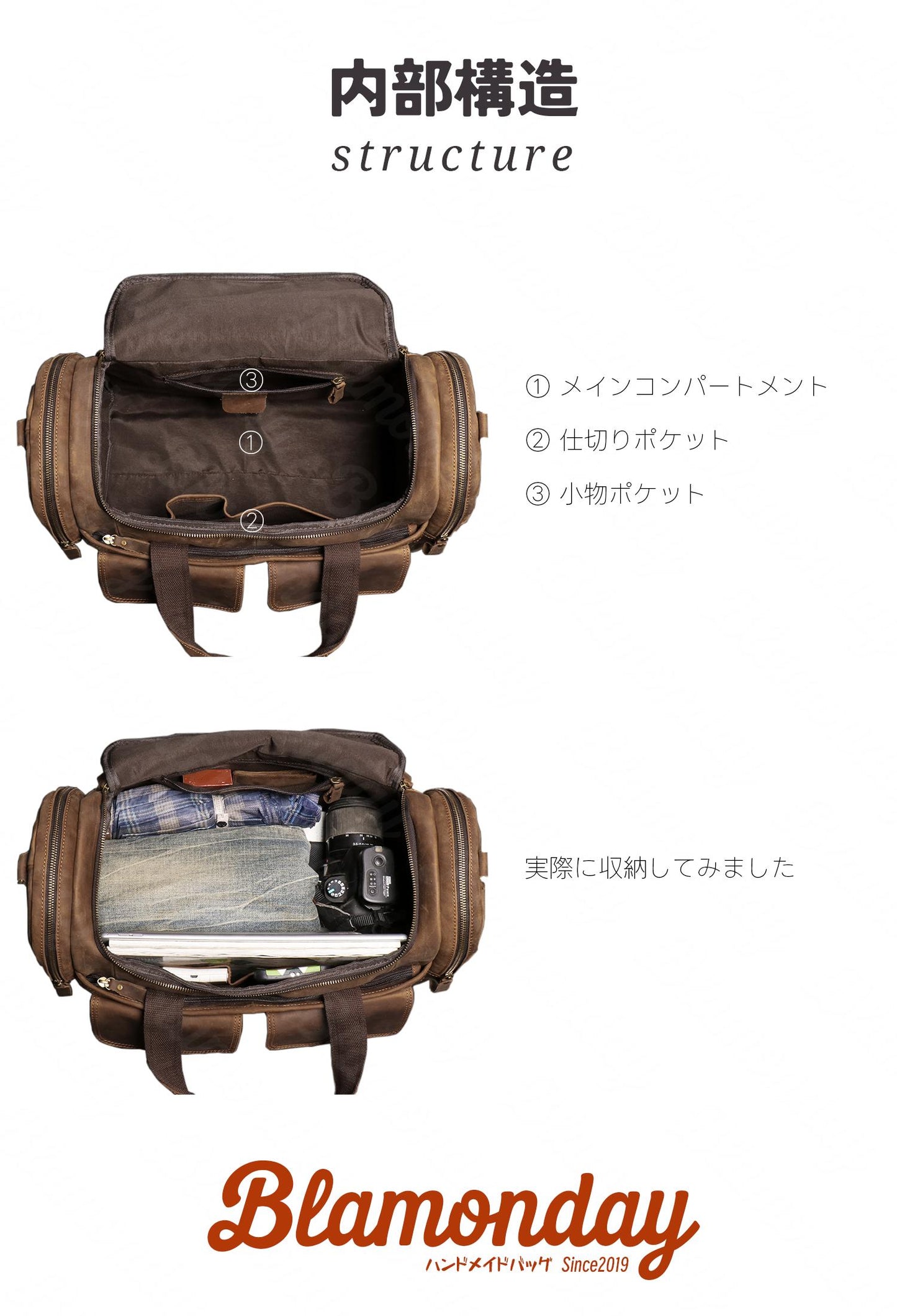 ボストンバッグ メンズ 本革 レトロ 大きめ 大容量 横型 カジュアル 機内持ち込み pc収納 2way ストラップ付き 肩掛け 無地 ファスナー 底鋲 ブラウン MBZB-018