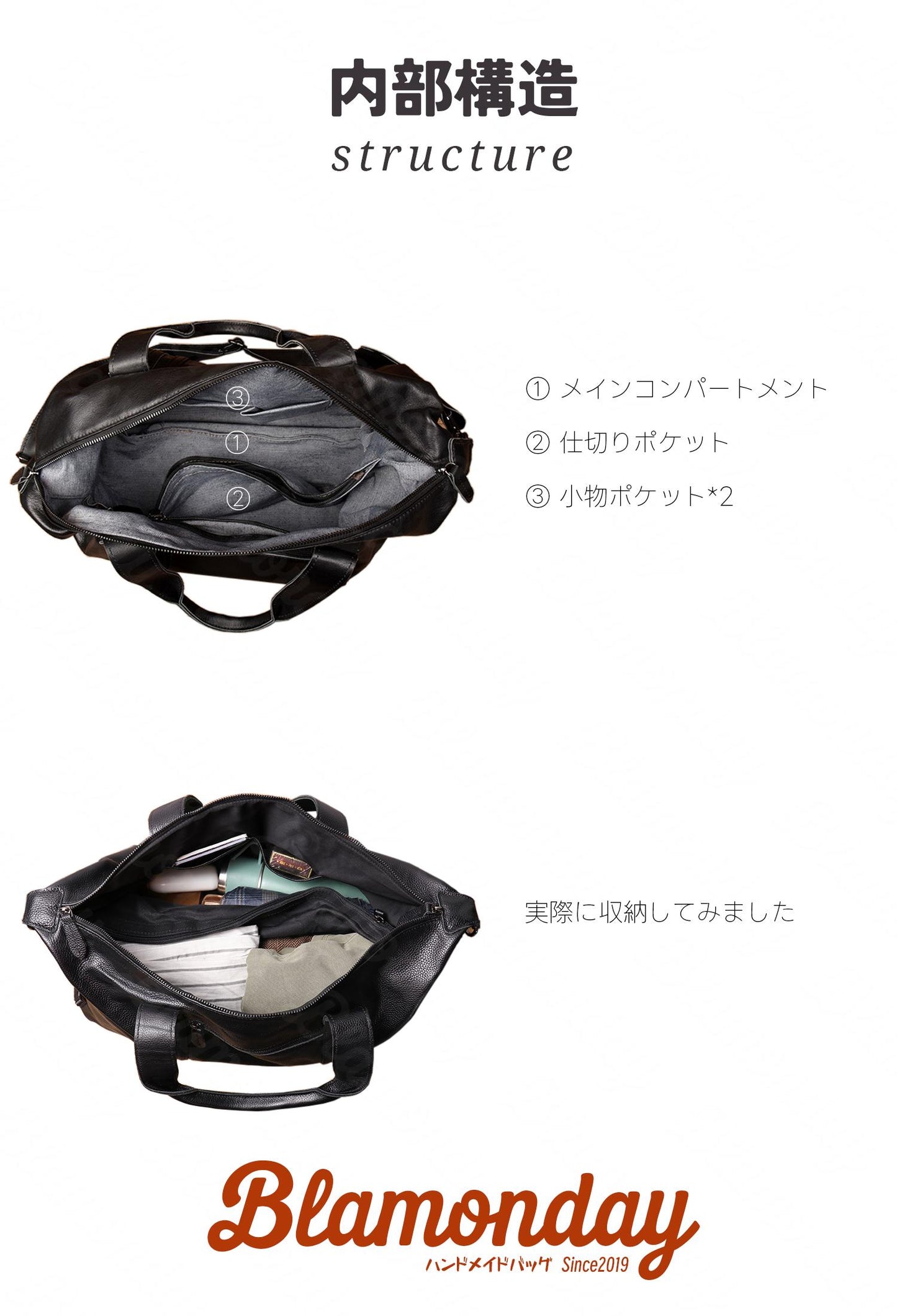 ボストンバッグ メンズ 本革 大きめ 大容量 横型 カジュアル 機内持ち込み pc収納 2way ストラップ付き 肩掛け 無地 ファスナー 仕切り 底鋲 MBZB-017