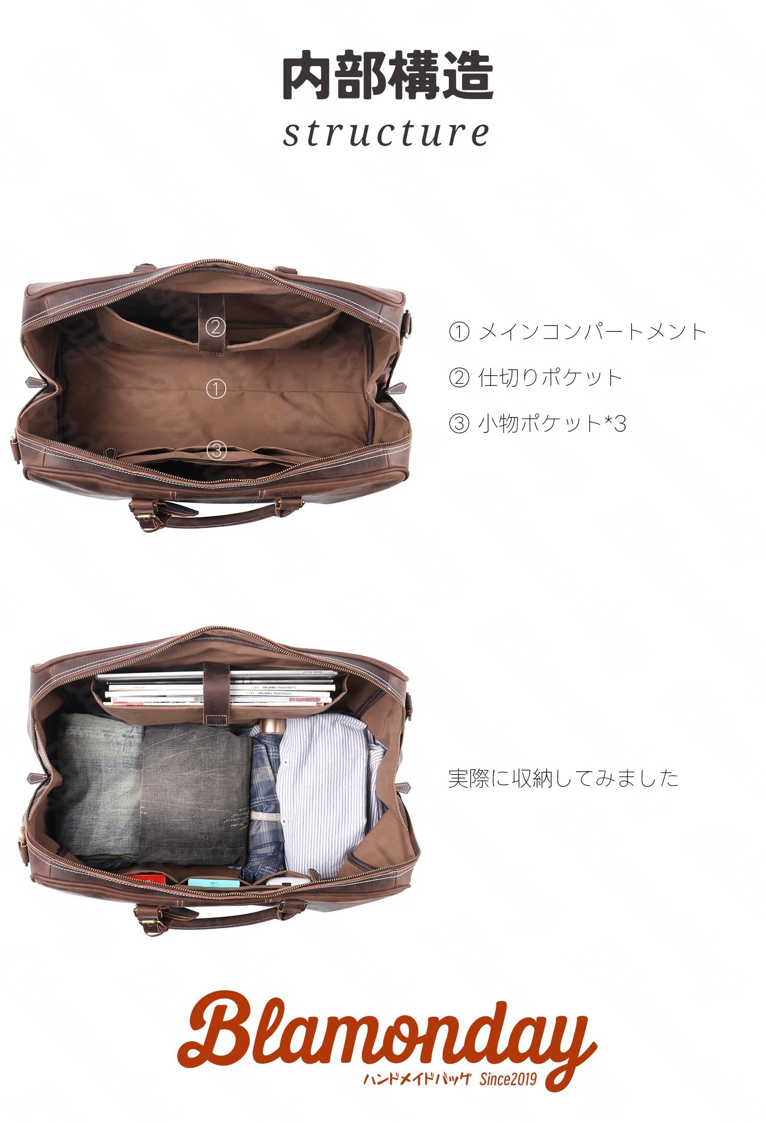 本革ボストンバッグ メンズ 大容量 レトロ 横型 2WAY ダークチョコ MBZB-028