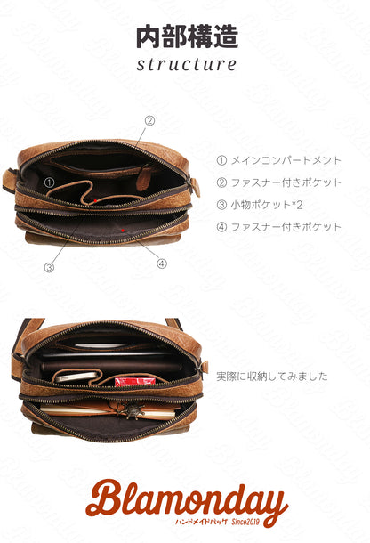[BLAMONDAY] ショルダーバッグ メンズ 本革 ミニ 斜めがけバッグ 小さめ 軽量 横型 軽量 おしゃれ カジュアル スポーツ アウトドア 旅行 無地 ファスナー マグネット MDZB-004