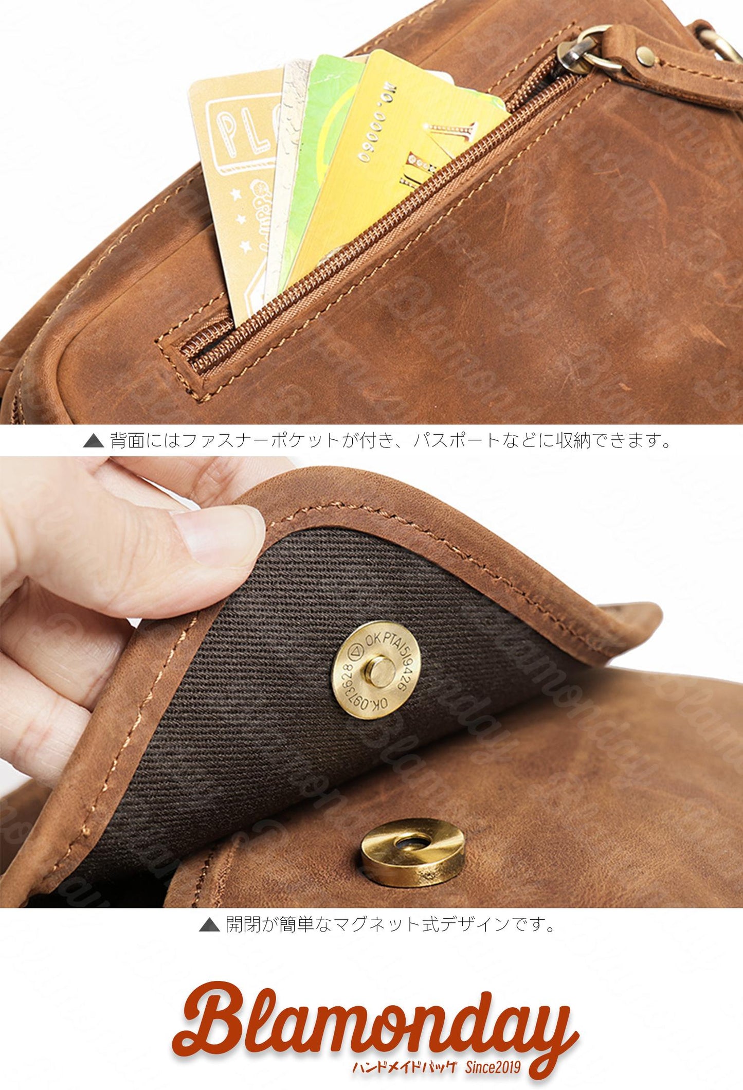 [BLAMONDAY] ショルダーバッグ メンズ 本革 斜めがけバッグ メッセンジャーバッグ レトロ 小さめ 軽量 横型 軽量 おしゃれ カジュアル スポーツ アウトドア 旅行 無地 ファスナー マグネット MDZB-008