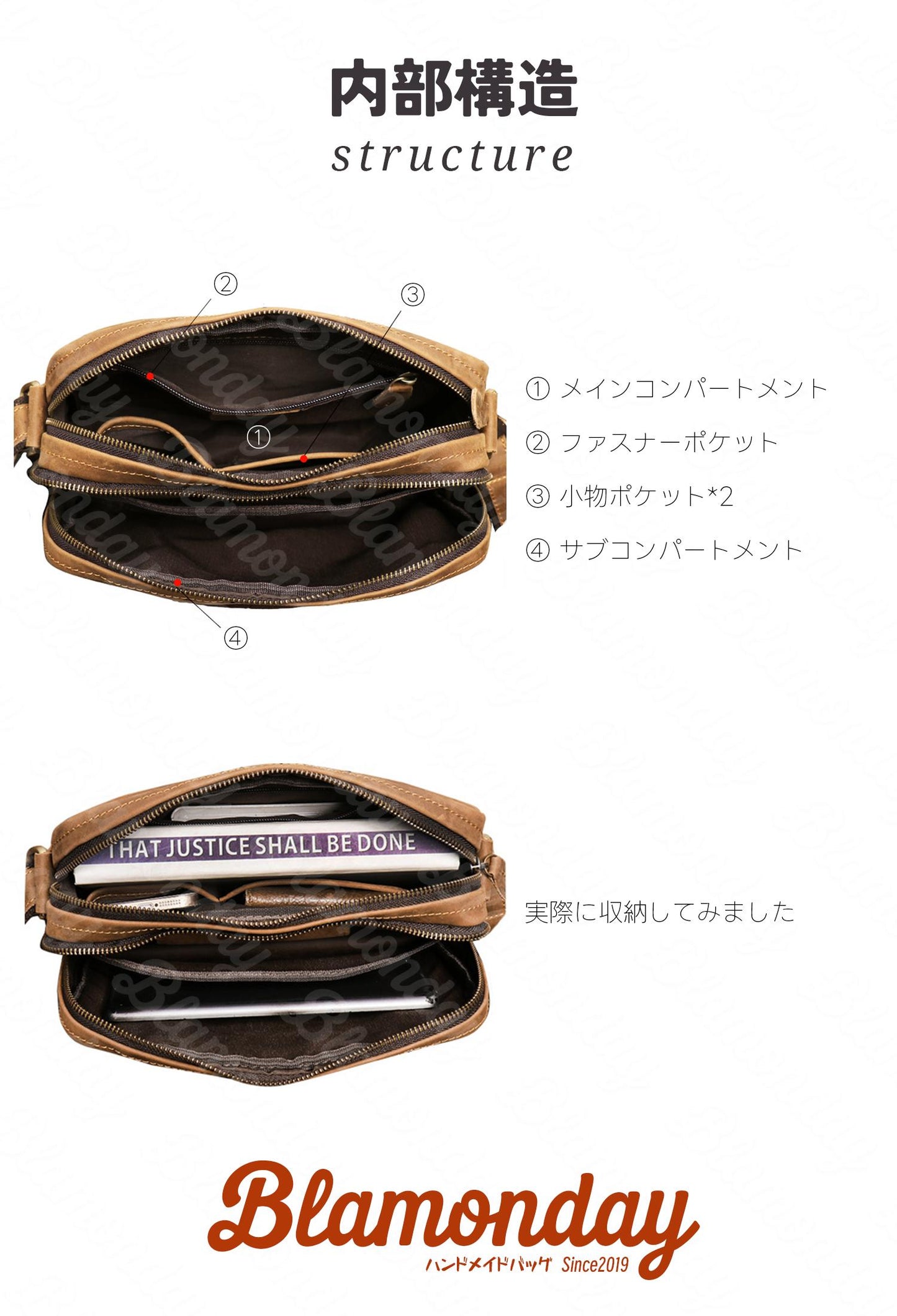 [BLAMONDAY] ショルダーバッグ メンズ 本革 斜めがけバッグ レトロ 小さめ 横型 軽量 おしゃれ カジュアル アウトドア 旅行 無地 ファスナー ポケット多い MDZB-037