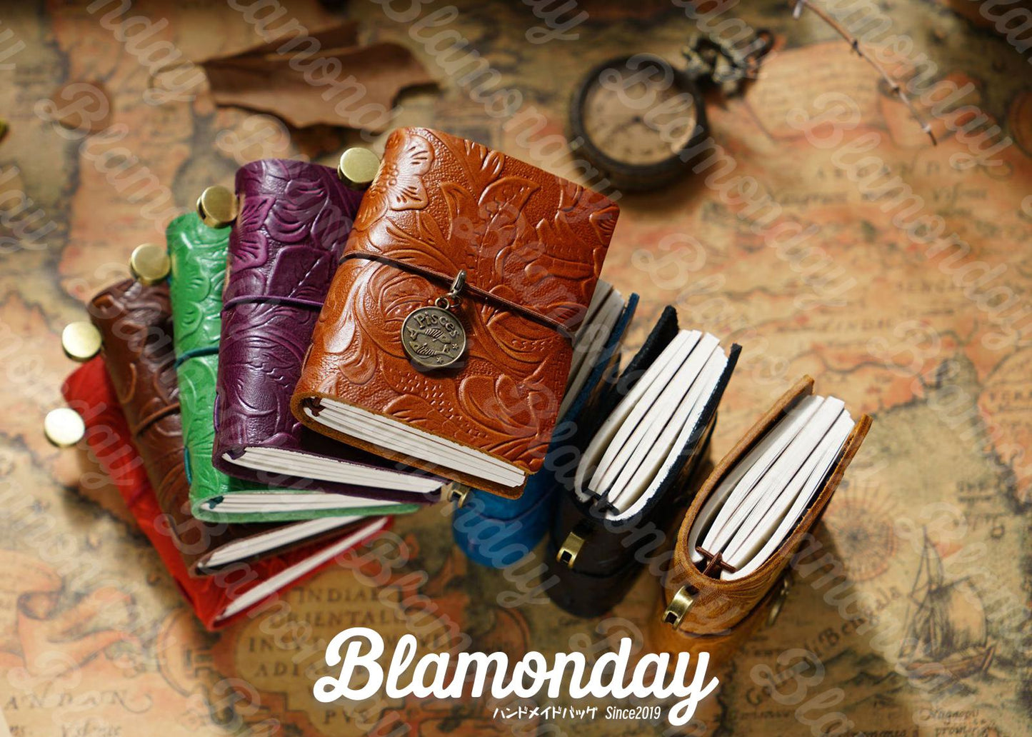 BLAMONDAY 手帳 メモ帳 ノート 本革 彫刻表紙 ミニ レトロ リフィル 128枚入れ 入れ替え可能 ゴムバンド収納 オフィス用品 ロゴ刻印可能 ZHBJ-008