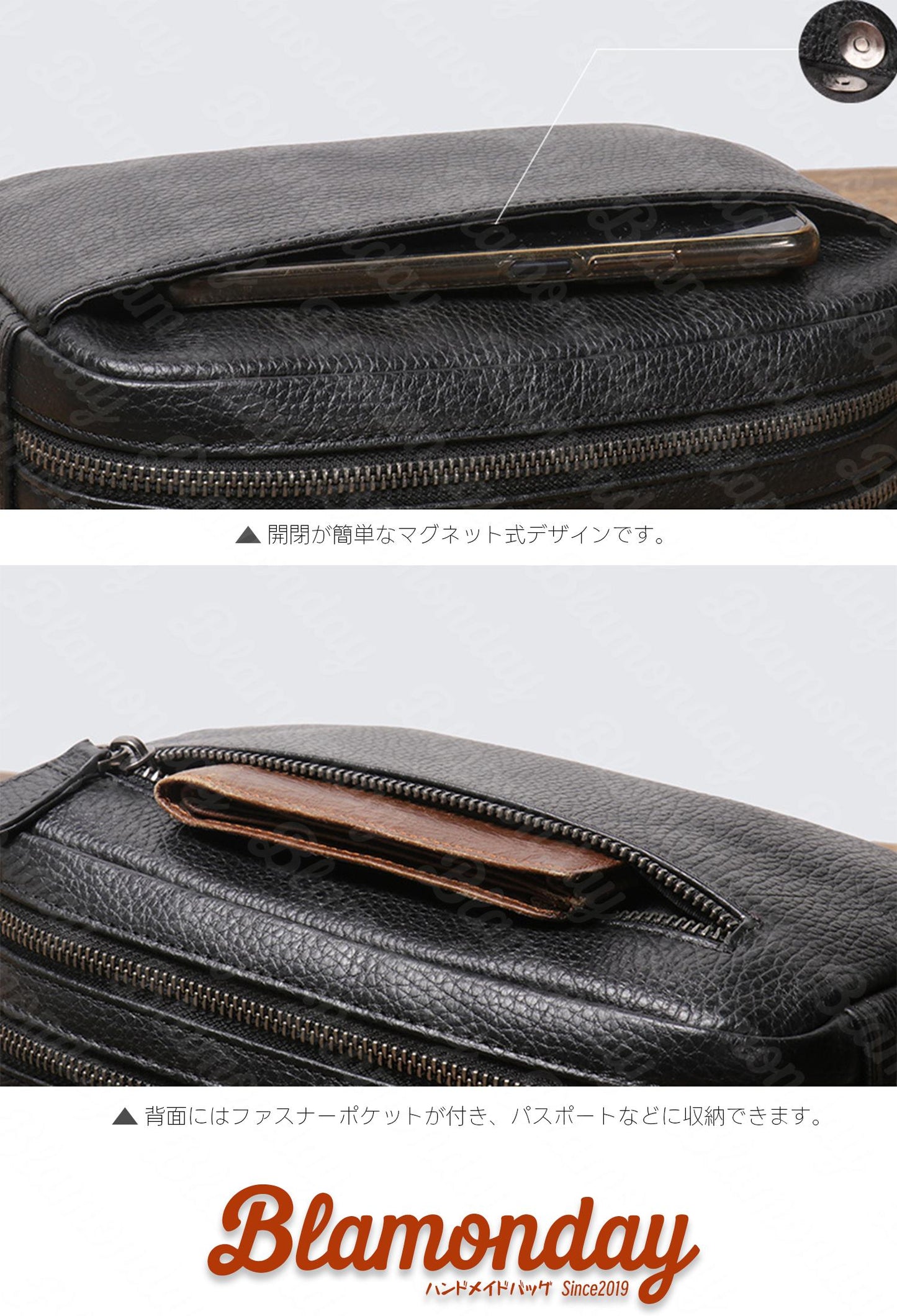[BLAMONDAY] ショルダーバッグ メンズ 本革 斜めがけバッグ 2way セカンドバッグ 小さめ 軽量 横型 軽量 おしゃれ カジュアル アウトドア 旅行 無地 ファスナー マグネット MDZB-021