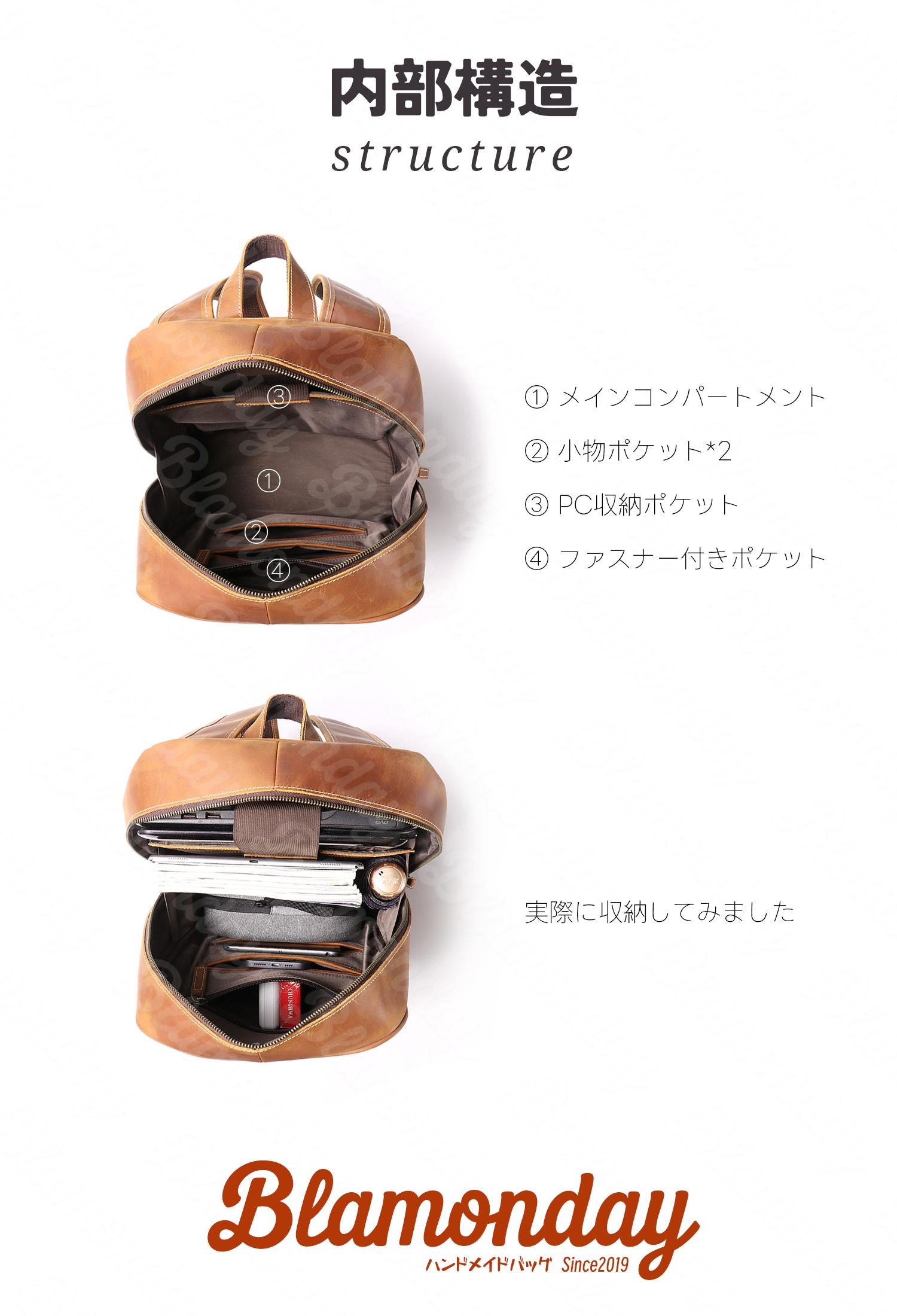 本革リュック 大容量 A4対応 PC収納 2WAY ビジネス 無地 MSZB-019