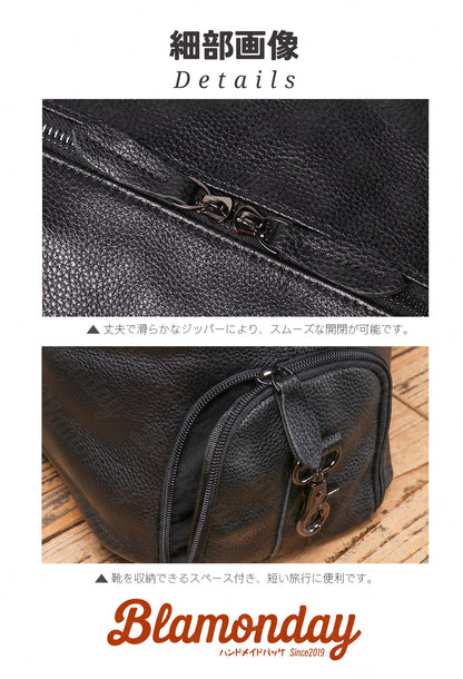 ボストンバッグ メンズ 本革 大きめ 大容量 横型 カジュアル 機内持ち込み pc収納 2way ストラップ付き 肩掛け 無地 ファスナー 仕切り 底鋲 MBZB-017