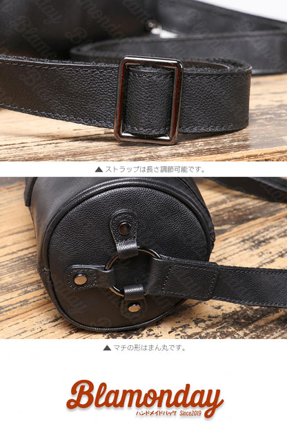 [BLAMONDAY] ショルダーバッグ メンズ 本革 男女問わず使える 斜めがけバッグ 丸っこいカタチ 円筒 小さめ 横型 軽量 おしゃれ カジュアル アウトドア 旅行 無地 ファスナー MDZB-054