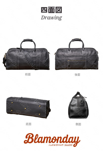 ボストンバッグ メンズ 本革 レトロ 大きめ 大容量 横型 カジュアル 機内持ち込み pc収納 2way ストラップ付き 肩掛け 無地 ファスナー 仕切り 底鋲 ブラック MBZB-012