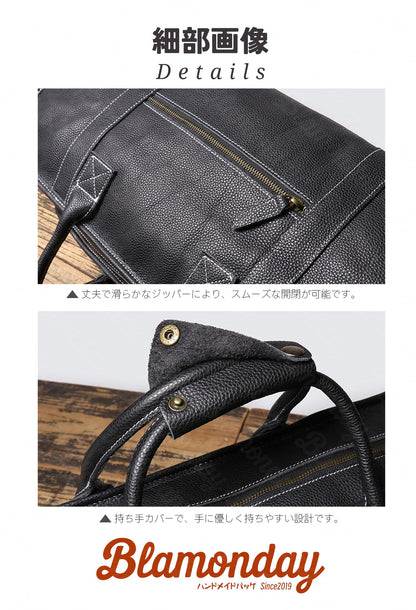 ボストンバッグ メンズ 本革 レトロ 大きめ 大容量 横型 カジュアル 機内持ち込み pc収納 2way ストラップ付き 肩掛け 無地 ファスナー 仕切り 底鋲 ブラック MBZB-012