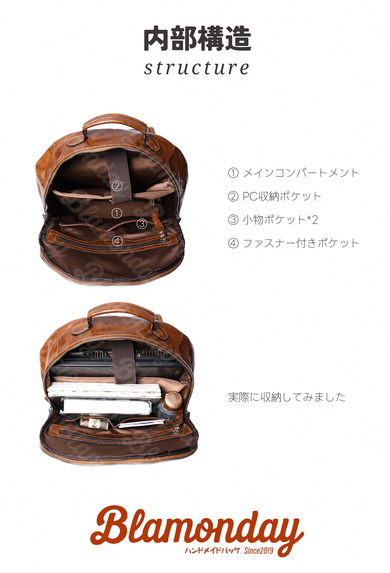 本革リュック メンズ レトロ 大容量 A4対応 PC収納 2WAY 無地 ファスナー付き MSZB-027