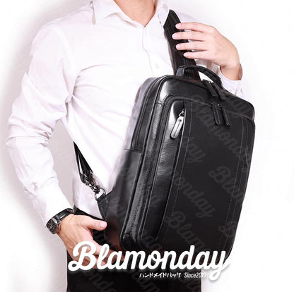 [BLAMONDAY] リュック メンズ 本革 大きめ 大容量 ビジネス a4 pc収納 3way 手提げ 肩掛け ボディバッグ ストラップ付き 無地 ファスナー 仕切り MSZB-032