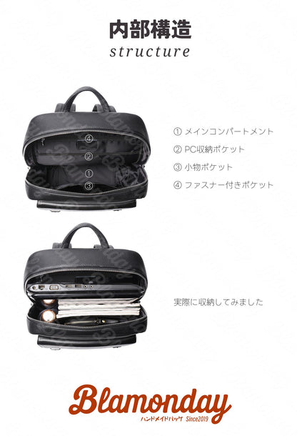 [BLAMONDAY] リュック メンズ 本革 シュリンクレザー仕様 大きめ 大容量 ビジネス a4 pc収納 2way 手提げ 肩掛け キャリオン 無地 ファスナー マグネット バックル 仕切り MSZB-033