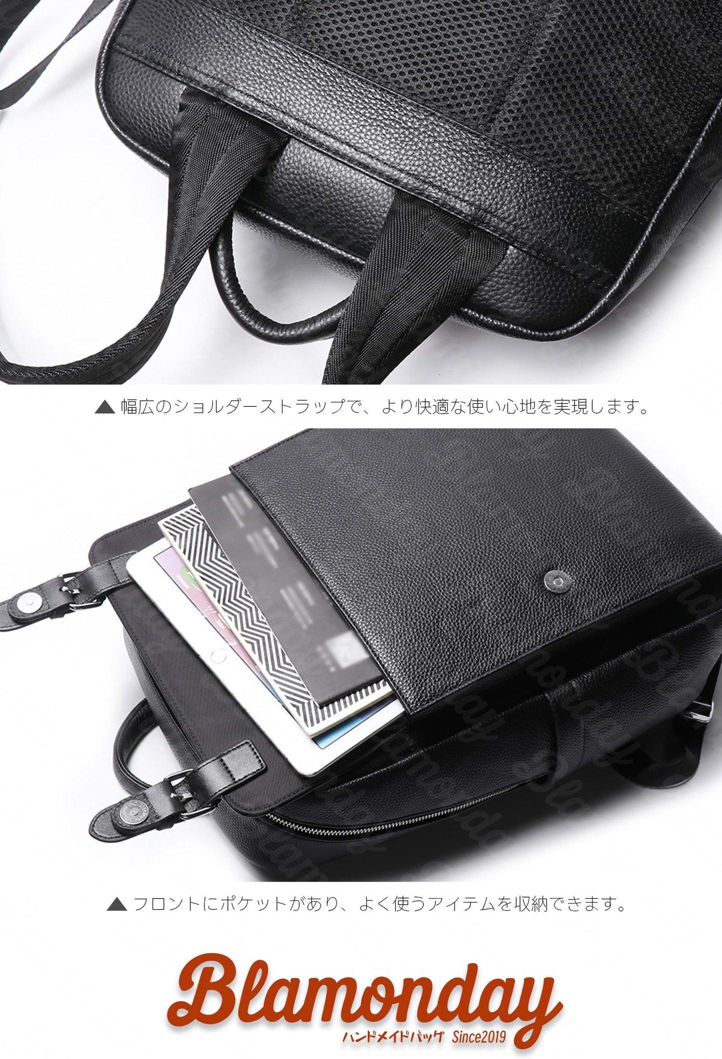 [BLAMONDAY] リュック メンズ 本革 シュリンクレザー仕様 大きめ 大容量 ビジネス a4 pc収納 2way 手提げ 肩掛け キャリオン 無地 ファスナー マグネット バックル 仕切り MSZB-033