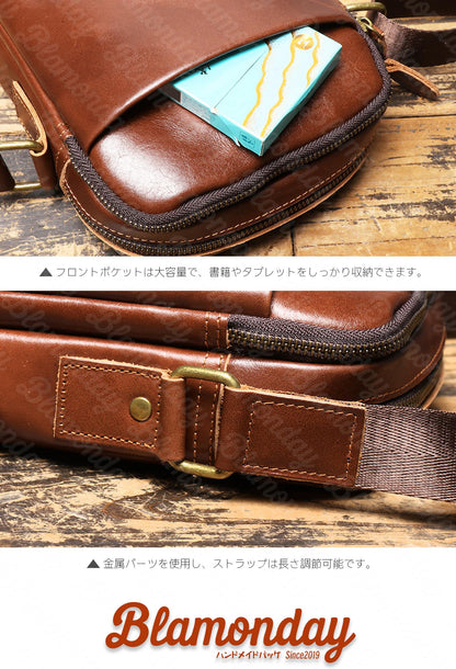 [BLAMONDAY] ショルダーバッグ メンズ 本革 ヌメ革 レトロ 斜めがけバッグ 小さめ 従型 軽量 おしゃれ カジュアル アウトドア 旅行 無地 ファスナー MDZB-051