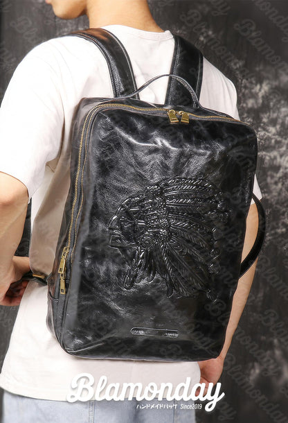 [BLAMONDAY] リュック メンズ 本革 インディオトプ画 革彫刻 おしゃれ 大きめ 大容量 カジュアル a4 pc収納 3way 横型 纵型 手提げ 肩掛け 無地 ファスナー 仕切り MSZB-038