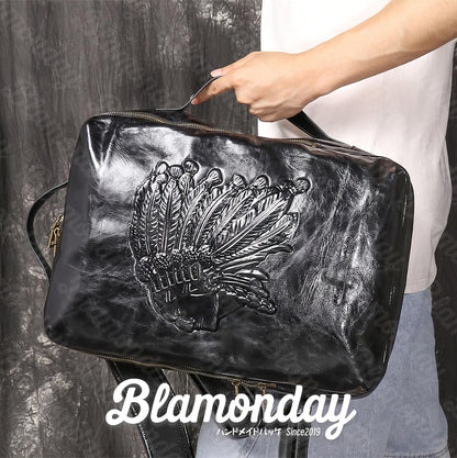 [BLAMONDAY] リュック メンズ 本革 インディオトプ画 革彫刻 おしゃれ 大きめ 大容量 カジュアル a4 pc収納 3way 横型 纵型 手提げ 肩掛け 無地 ファスナー 仕切り MSZB-038
