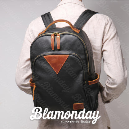 [BLAMONDAY] リュック メンズ 本革 大きめ 大容量 カジュアル a4 pc収納 2way 手提げ 肩掛け 無地 ファスナー 仕切り ポケット多い ブラック ブラウン カラーコンビネーション MSZB-040
