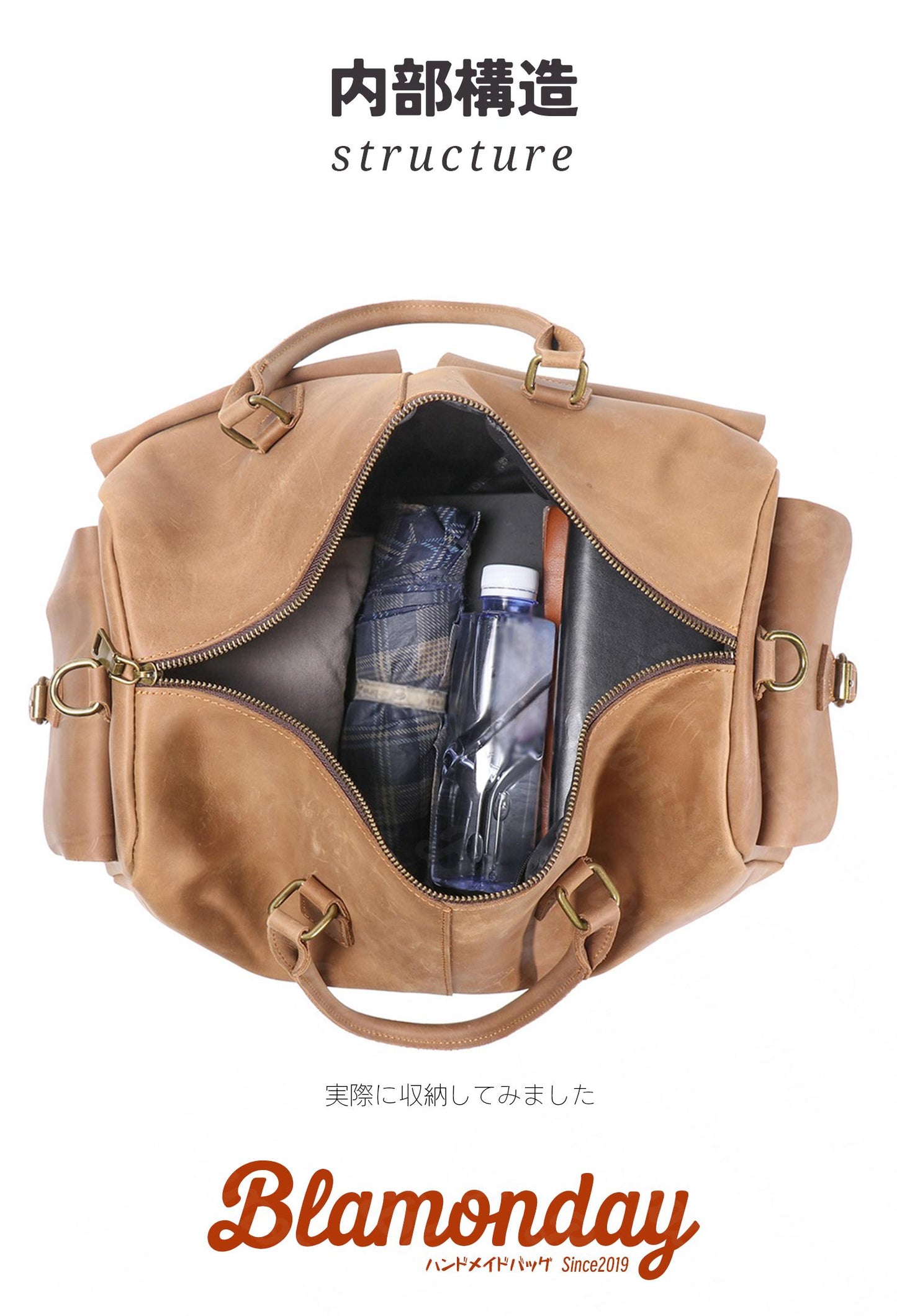 ボストンバッグ メンズ 本革 レトロ ポケット多い 大きめ 大容量 横型 カジュアル 機内持ち込み pc収納 2way ストラップ付き 肩掛け 無地 ファスナー カーキ MBZB-009